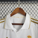 Camisa Manga Longa Pronta Entrega Real Madrid Home 2011/12 - Adidas Retrô Masculina - Branca/Dourada + Patchs Champions League