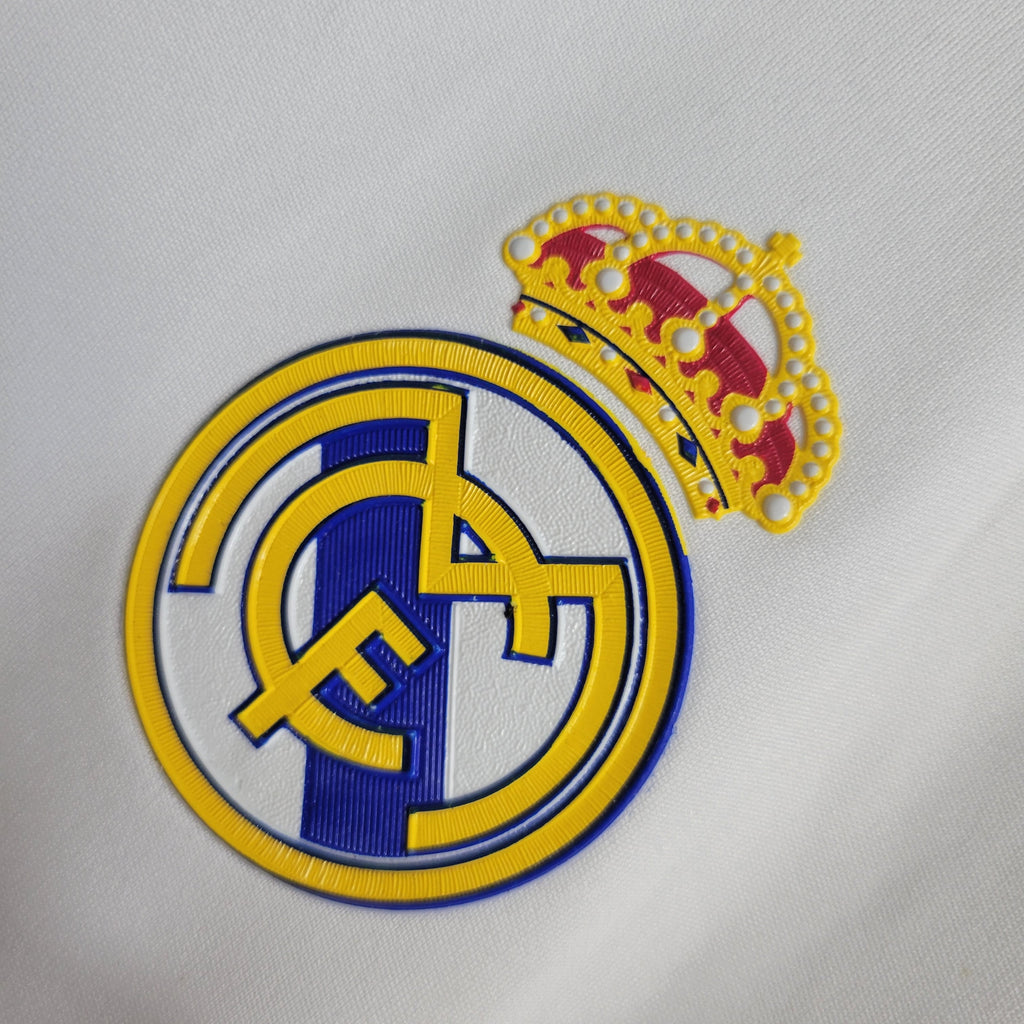 Camisa Manga Longa Pronta Entrega Real Madrid Home 2011/12 - Adidas Retrô Masculina - Branca/Dourada + Patchs Champions League